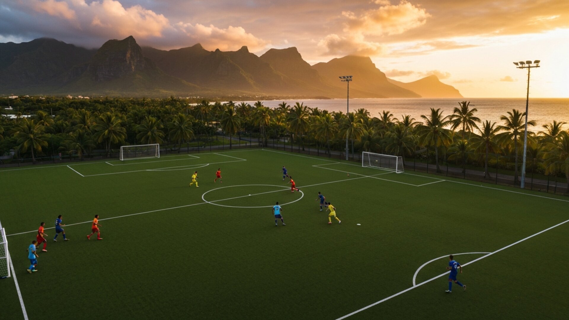 Terrain de football à Maurice avec joueurs en pleine action